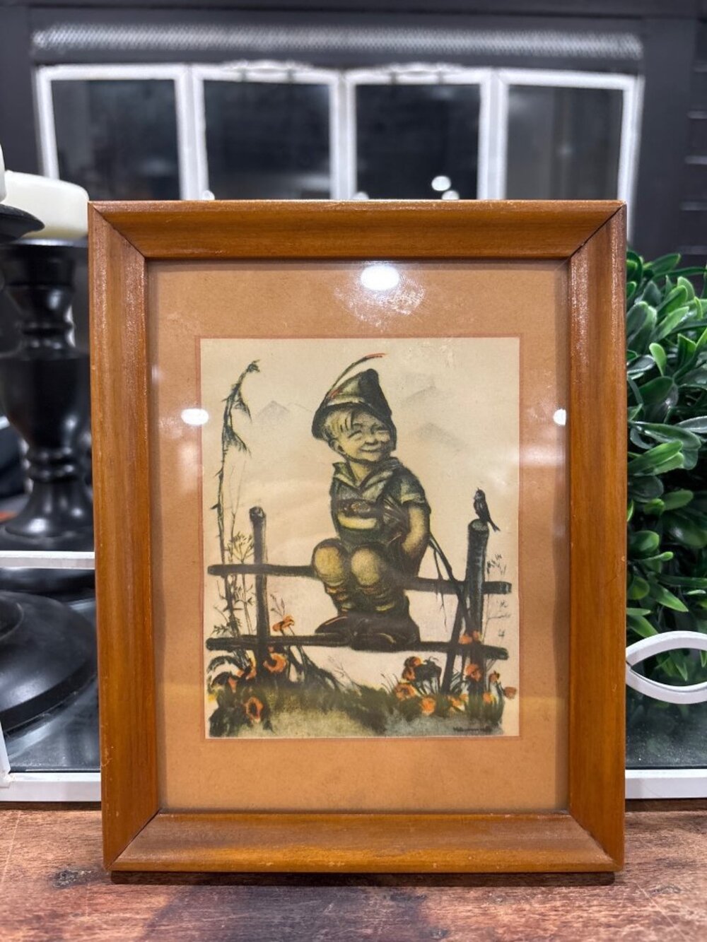 Charming Vintage Hummel Style Boy Framed Print Cottage Decor